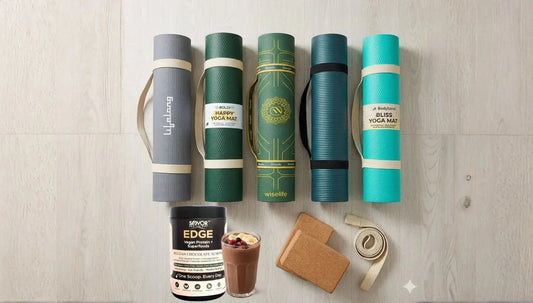 Image showing various brands of yoga mats alongwith India's best plant protein powder Sovor Edge
