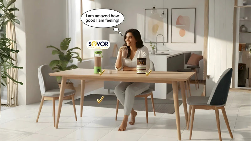 Woman sitting at a table with Sovor products, expressing satisfaction.